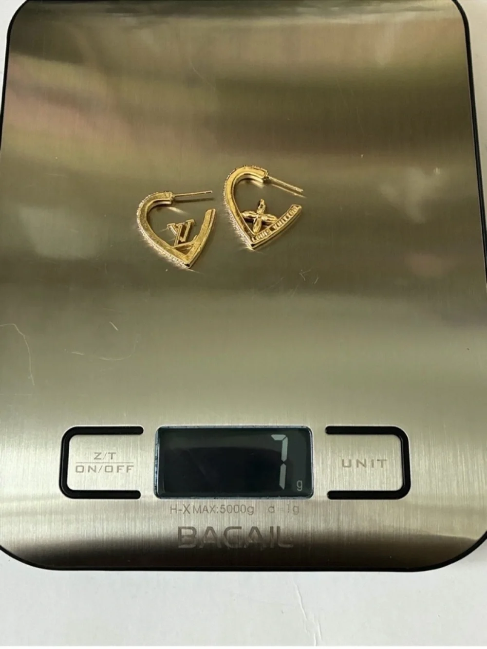 Gold Crystal Heart Hoop Earrings with Monogram Flower